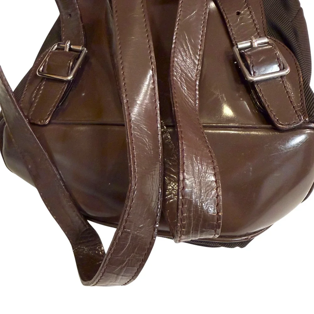 Vintage Gucci Brown Mini Backpack w/ Bamboo Handle Patent Leather + Nylon Auth